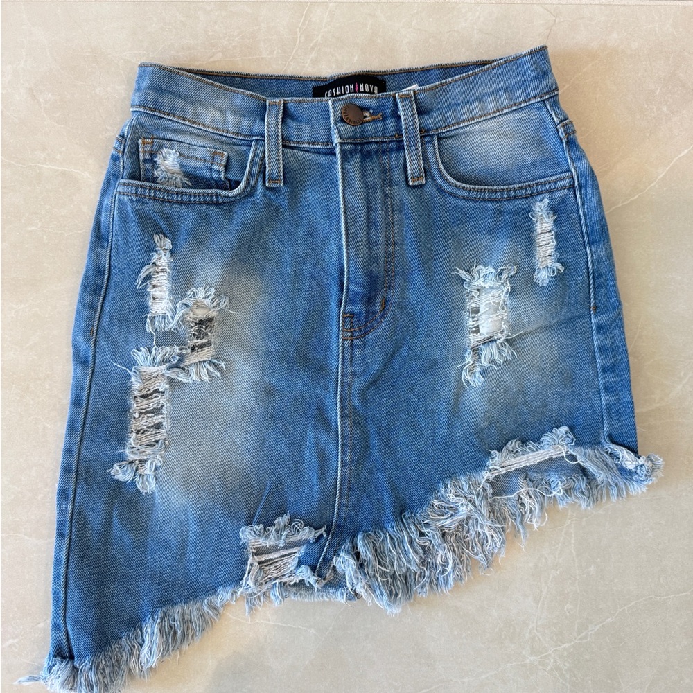 Asymmetrical Distressed Denim Skirt